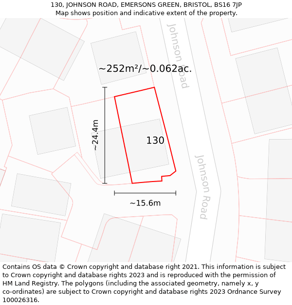 130, JOHNSON ROAD, EMERSONS GREEN, BRISTOL, BS16 7JP: Plot and title map