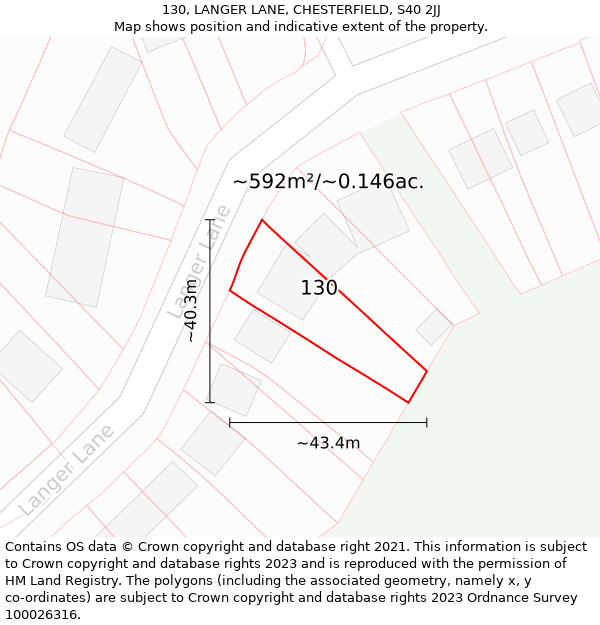 130, LANGER LANE, CHESTERFIELD, S40 2JJ: Plot and title map