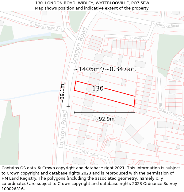130, LONDON ROAD, WIDLEY, WATERLOOVILLE, PO7 5EW: Plot and title map
