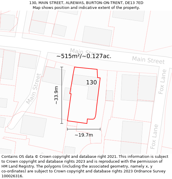 130, MAIN STREET, ALREWAS, BURTON-ON-TRENT, DE13 7ED: Plot and title map