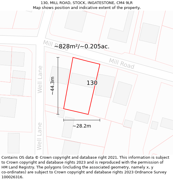 130, MILL ROAD, STOCK, INGATESTONE, CM4 9LR: Plot and title map