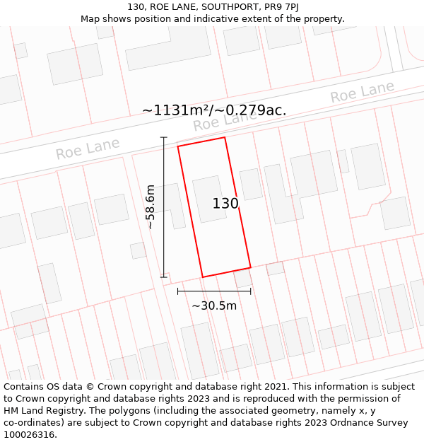 130, ROE LANE, SOUTHPORT, PR9 7PJ: Plot and title map