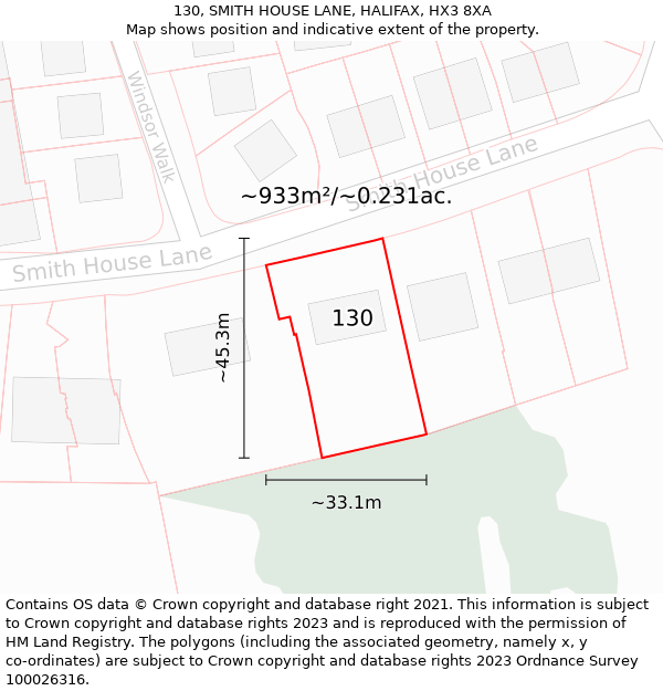 130, SMITH HOUSE LANE, HALIFAX, HX3 8XA: Plot and title map