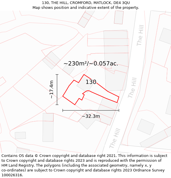 130, THE HILL, CROMFORD, MATLOCK, DE4 3QU: Plot and title map