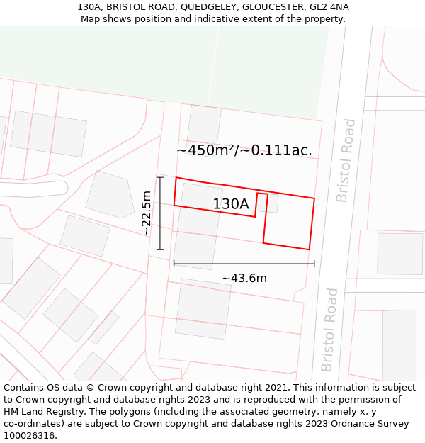 130A, BRISTOL ROAD, QUEDGELEY, GLOUCESTER, GL2 4NA: Plot and title map