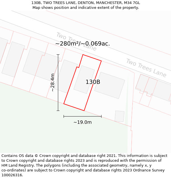 130B, TWO TREES LANE, DENTON, MANCHESTER, M34 7GL: Plot and title map