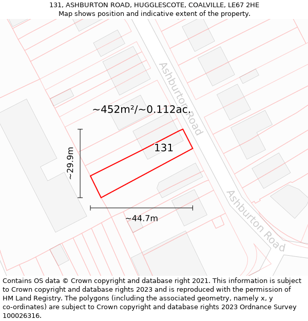 131, ASHBURTON ROAD, HUGGLESCOTE, COALVILLE, LE67 2HE: Plot and title map