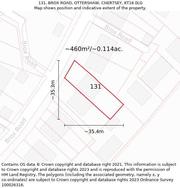 131, BROX ROAD, OTTERSHAW, CHERTSEY, KT16 0LG: Plot and title map