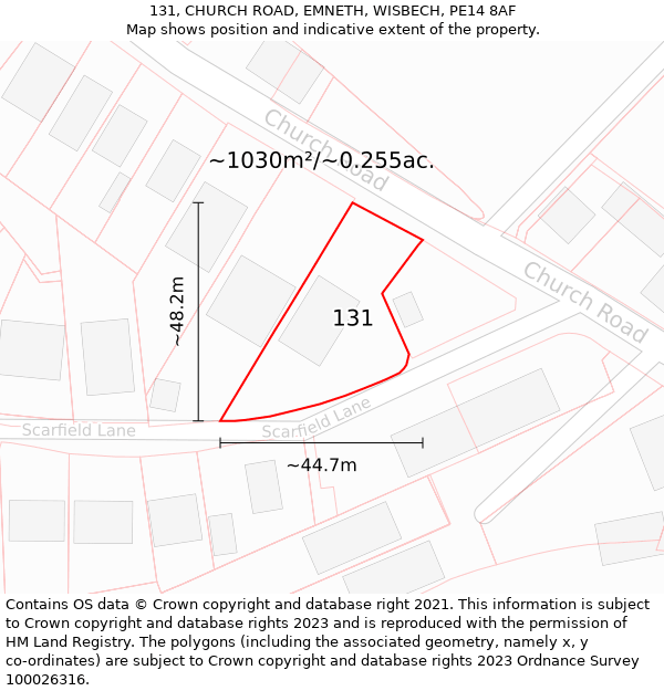 131, CHURCH ROAD, EMNETH, WISBECH, PE14 8AF: Plot and title map