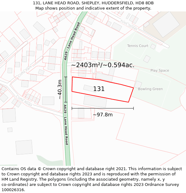 131, LANE HEAD ROAD, SHEPLEY, HUDDERSFIELD, HD8 8DB: Plot and title map