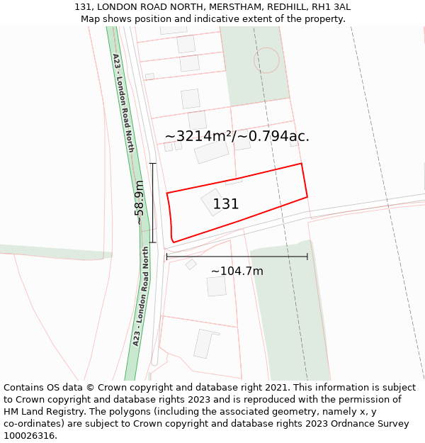 131, LONDON ROAD NORTH, MERSTHAM, REDHILL, RH1 3AL: Plot and title map