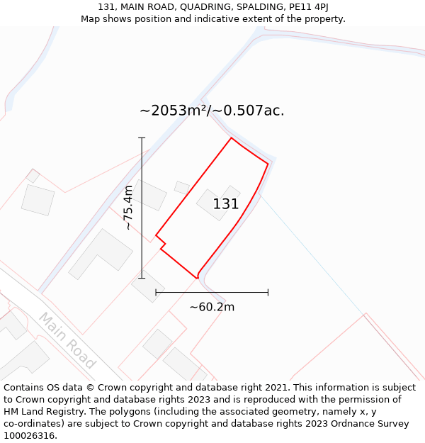 131, MAIN ROAD, QUADRING, SPALDING, PE11 4PJ: Plot and title map