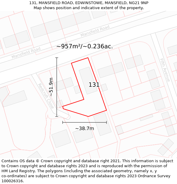 131, MANSFIELD ROAD, EDWINSTOWE, MANSFIELD, NG21 9NP: Plot and title map