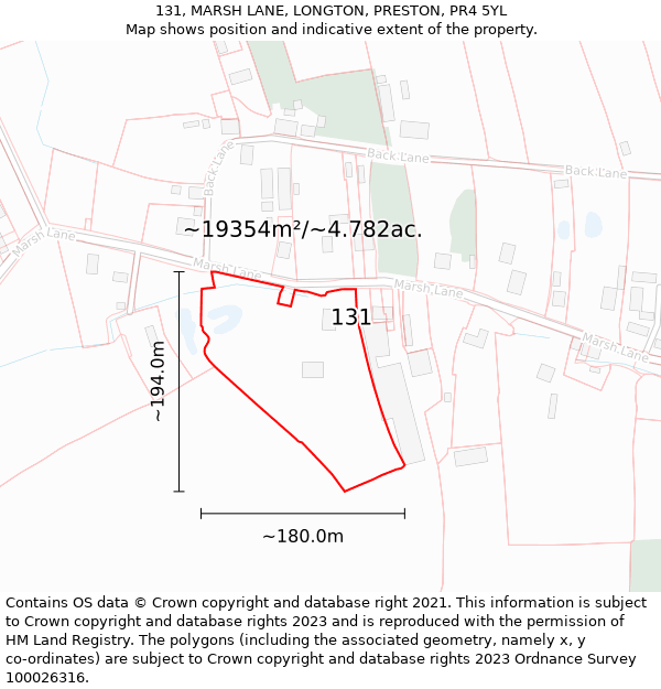 131, MARSH LANE, LONGTON, PRESTON, PR4 5YL: Plot and title map