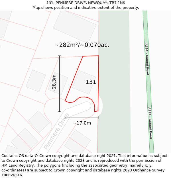 131, PENMERE DRIVE, NEWQUAY, TR7 1NS: Plot and title map