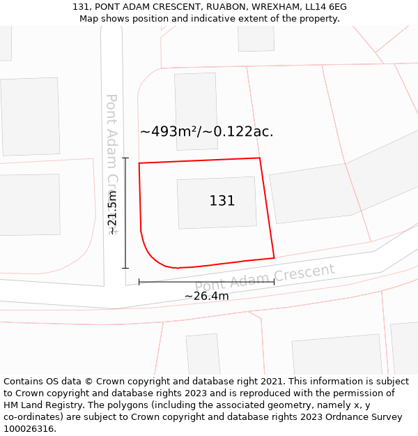 131, PONT ADAM CRESCENT, RUABON, WREXHAM, LL14 6EG: Plot and title map