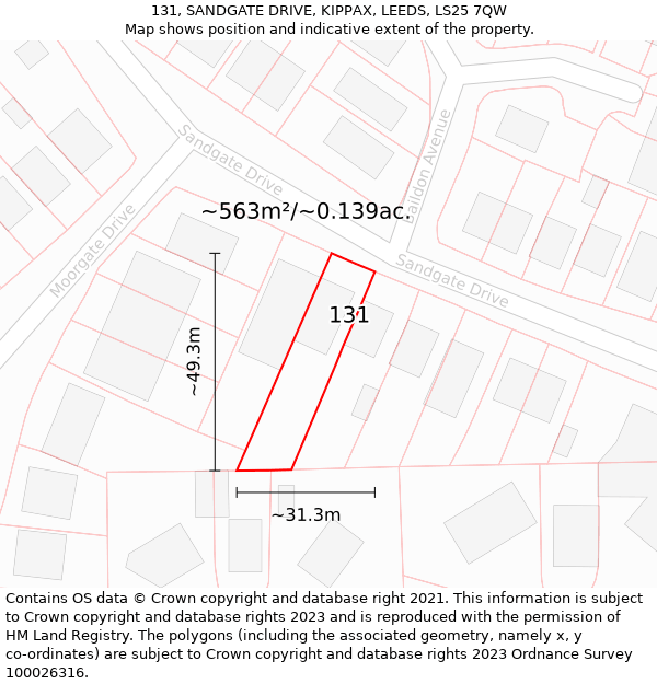 131, SANDGATE DRIVE, KIPPAX, LEEDS, LS25 7QW: Plot and title map