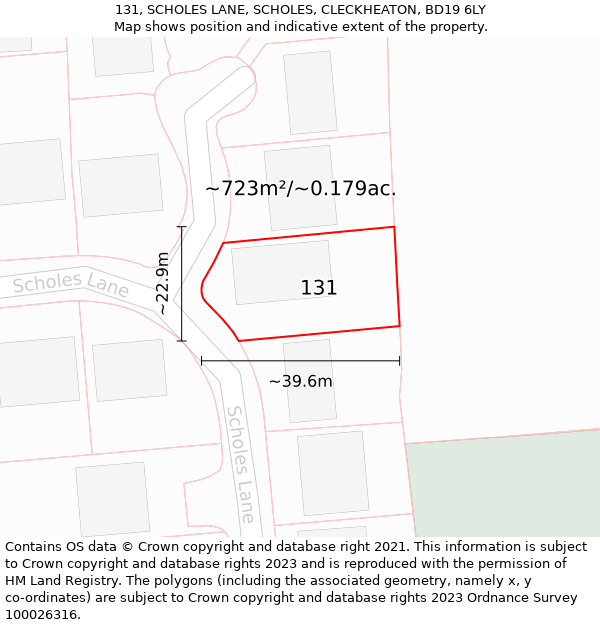 131, SCHOLES LANE, SCHOLES, CLECKHEATON, BD19 6LY: Plot and title map