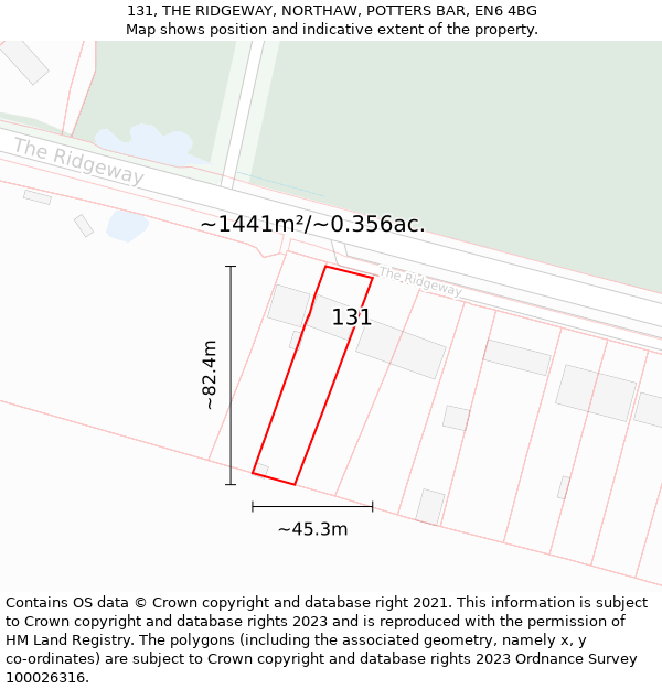 131, THE RIDGEWAY, NORTHAW, POTTERS BAR, EN6 4BG: Plot and title map