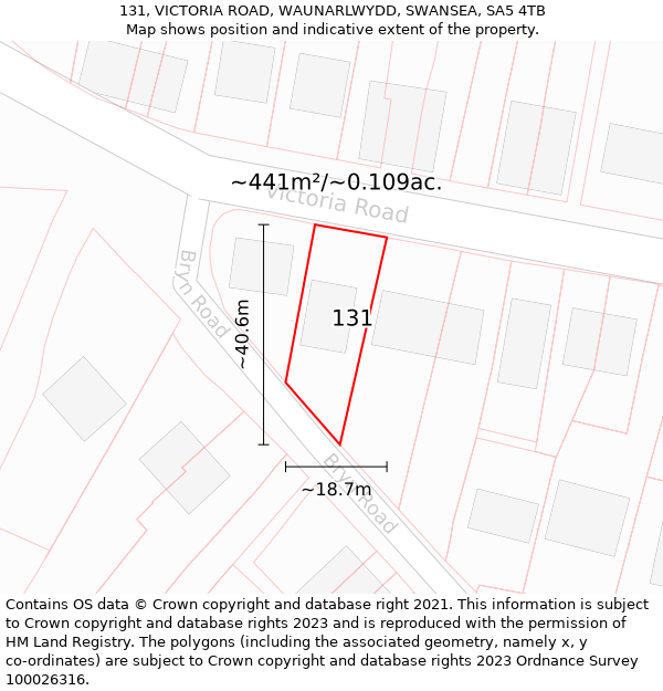 131, VICTORIA ROAD, WAUNARLWYDD, SWANSEA, SA5 4TB: Plot and title map