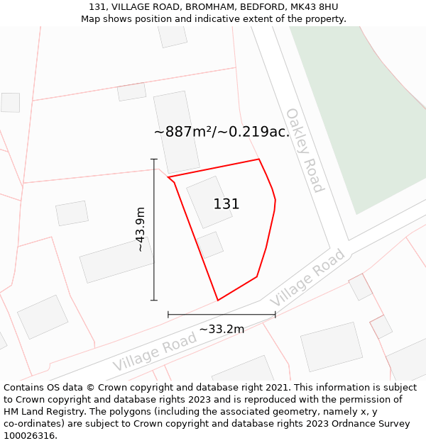 131, VILLAGE ROAD, BROMHAM, BEDFORD, MK43 8HU: Plot and title map