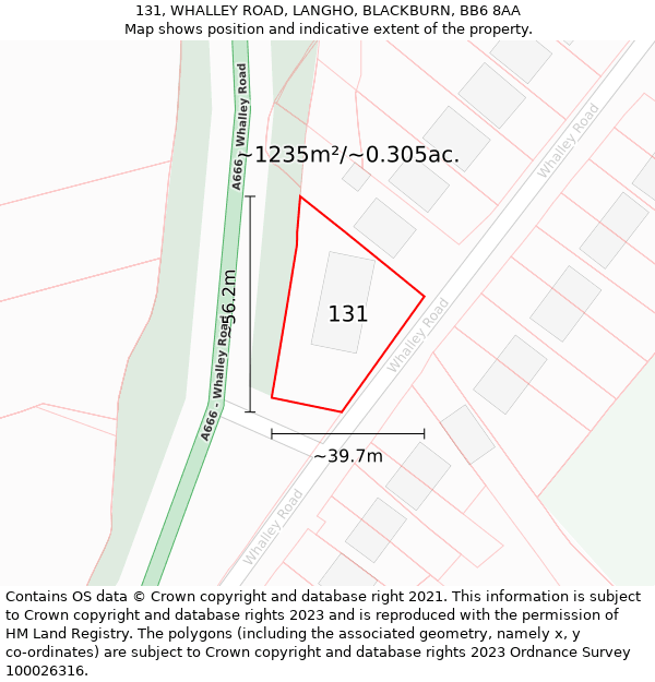 131, WHALLEY ROAD, LANGHO, BLACKBURN, BB6 8AA: Plot and title map