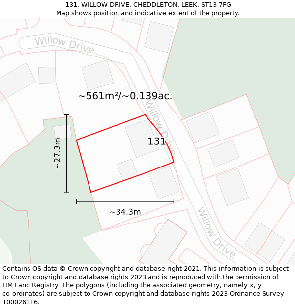 131, WILLOW DRIVE, CHEDDLETON, LEEK, ST13 7FG: Plot and title map