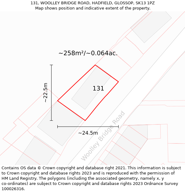 131, WOOLLEY BRIDGE ROAD, HADFIELD, GLOSSOP, SK13 1PZ: Plot and title map