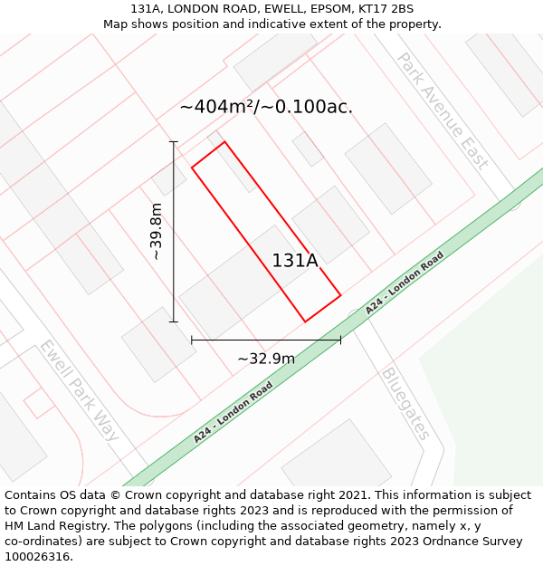 131A, LONDON ROAD, EWELL, EPSOM, KT17 2BS: Plot and title map