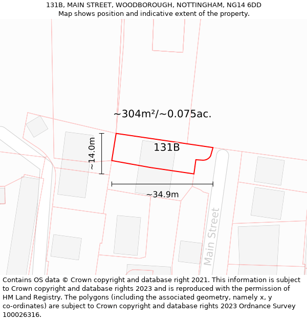 131B, MAIN STREET, WOODBOROUGH, NOTTINGHAM, NG14 6DD: Plot and title map