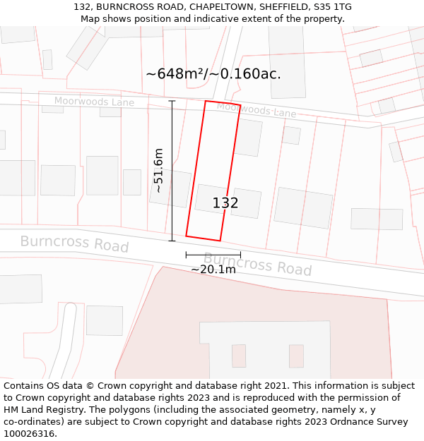 132, BURNCROSS ROAD, CHAPELTOWN, SHEFFIELD, S35 1TG: Plot and title map