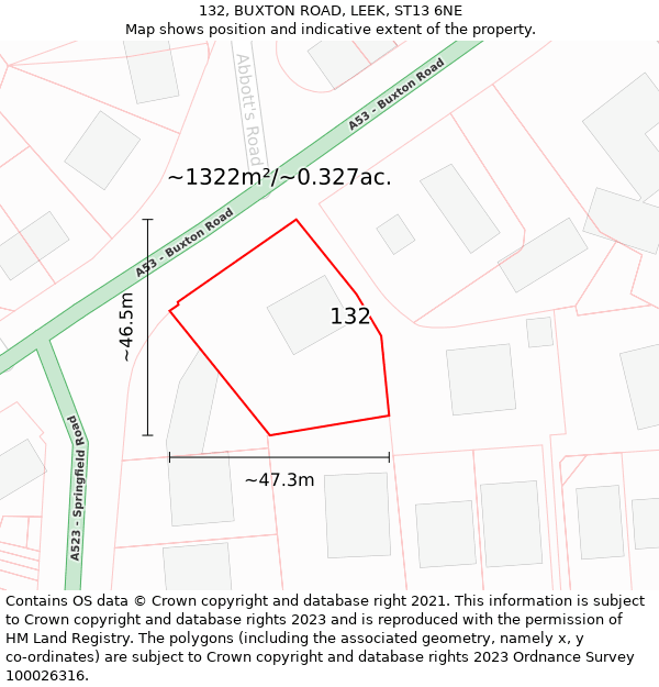 132, BUXTON ROAD, LEEK, ST13 6NE: Plot and title map