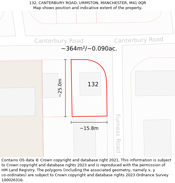 132, CANTERBURY ROAD, URMSTON, MANCHESTER, M41 0QR: Plot and title map