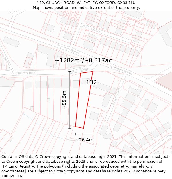 132, CHURCH ROAD, WHEATLEY, OXFORD, OX33 1LU: Plot and title map