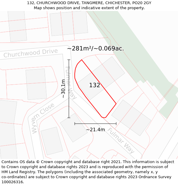 132, CHURCHWOOD DRIVE, TANGMERE, CHICHESTER, PO20 2GY: Plot and title map