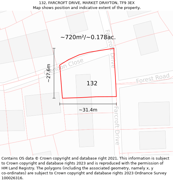 132, FARCROFT DRIVE, MARKET DRAYTON, TF9 3EX: Plot and title map