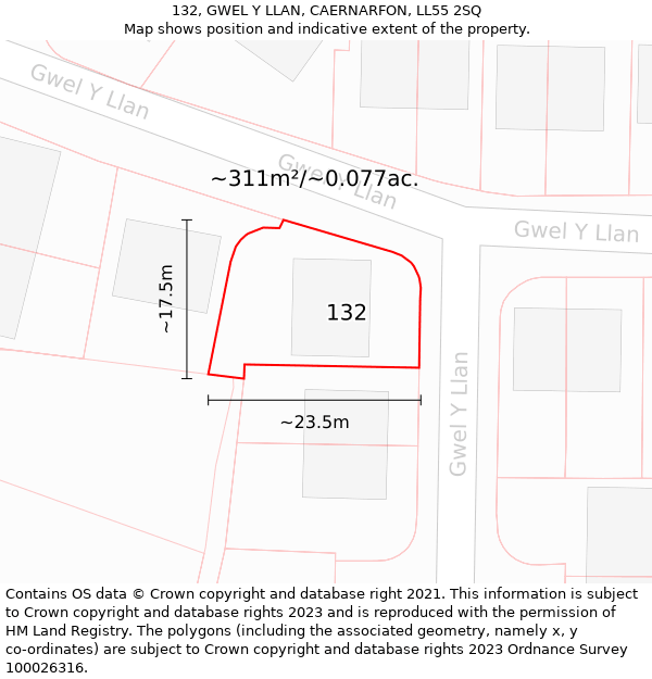 132, GWEL Y LLAN, CAERNARFON, LL55 2SQ: Plot and title map