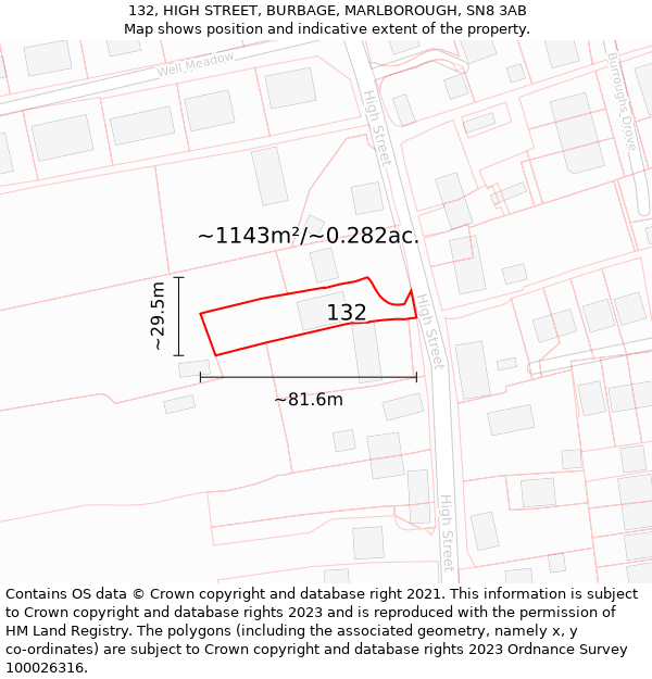 132, HIGH STREET, BURBAGE, MARLBOROUGH, SN8 3AB: Plot and title map