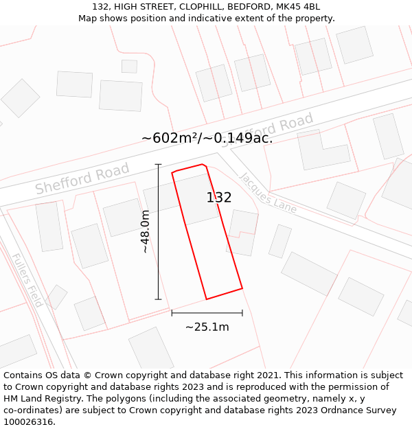 132, HIGH STREET, CLOPHILL, BEDFORD, MK45 4BL: Plot and title map