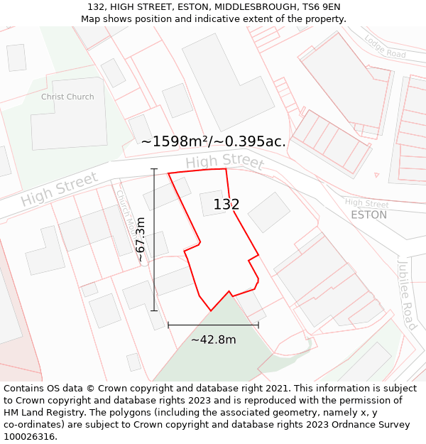 132, HIGH STREET, ESTON, MIDDLESBROUGH, TS6 9EN: Plot and title map