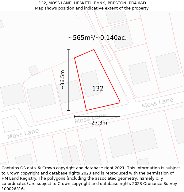 132, MOSS LANE, HESKETH BANK, PRESTON, PR4 6AD: Plot and title map