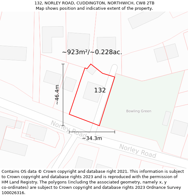 132, NORLEY ROAD, CUDDINGTON, NORTHWICH, CW8 2TB: Plot and title map