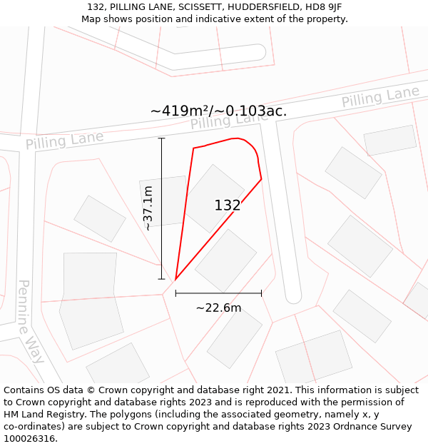 132, PILLING LANE, SCISSETT, HUDDERSFIELD, HD8 9JF: Plot and title map