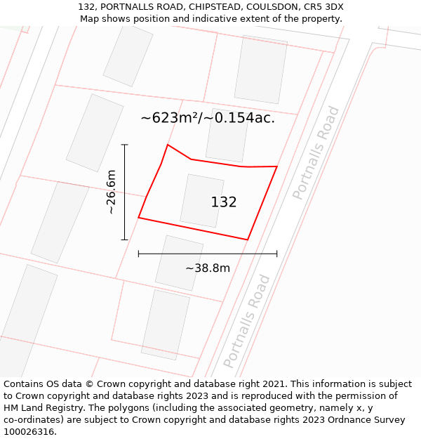 132, PORTNALLS ROAD, CHIPSTEAD, COULSDON, CR5 3DX: Plot and title map