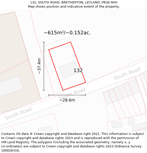 132, SOUTH ROAD, BRETHERTON, LEYLAND, PR26 9AH: Plot and title map