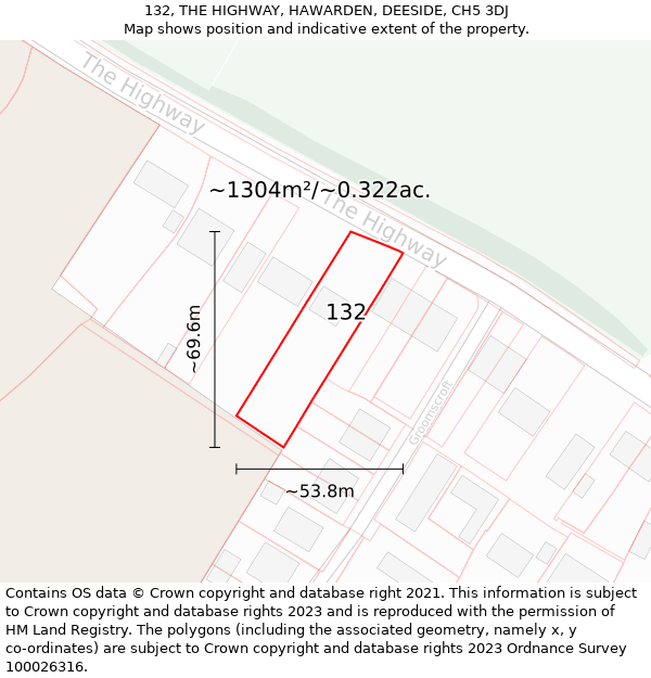 132, THE HIGHWAY, HAWARDEN, DEESIDE, CH5 3DJ: Plot and title map