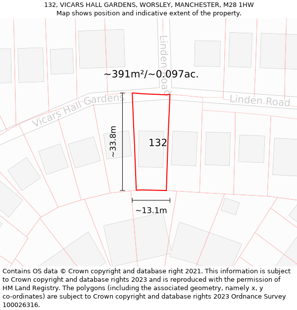 132, VICARS HALL GARDENS, WORSLEY, MANCHESTER, M28 1HW: Plot and title map