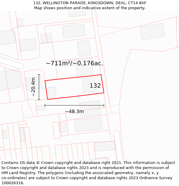 132, WELLINGTON PARADE, KINGSDOWN, DEAL, CT14 8AF: Plot and title map