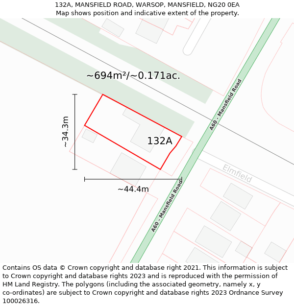 132A, MANSFIELD ROAD, WARSOP, MANSFIELD, NG20 0EA: Plot and title map