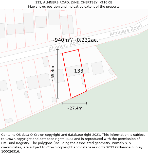 133, ALMNERS ROAD, LYNE, CHERTSEY, KT16 0BJ: Plot and title map